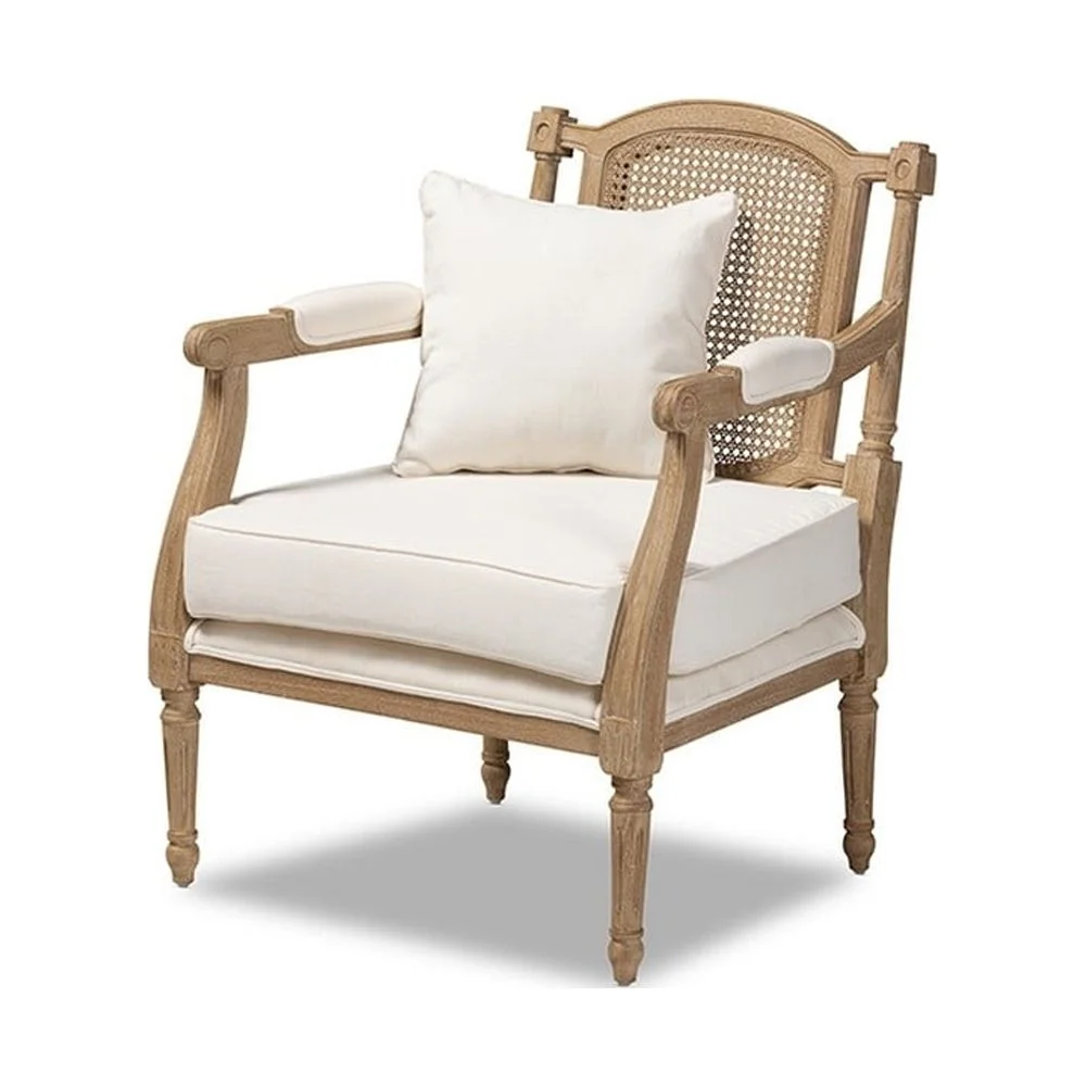 Baxton Studio Clemence French Provincial Ivory Fabric Upholstered Whitewashed Wood Armchair, Ivory, Oak