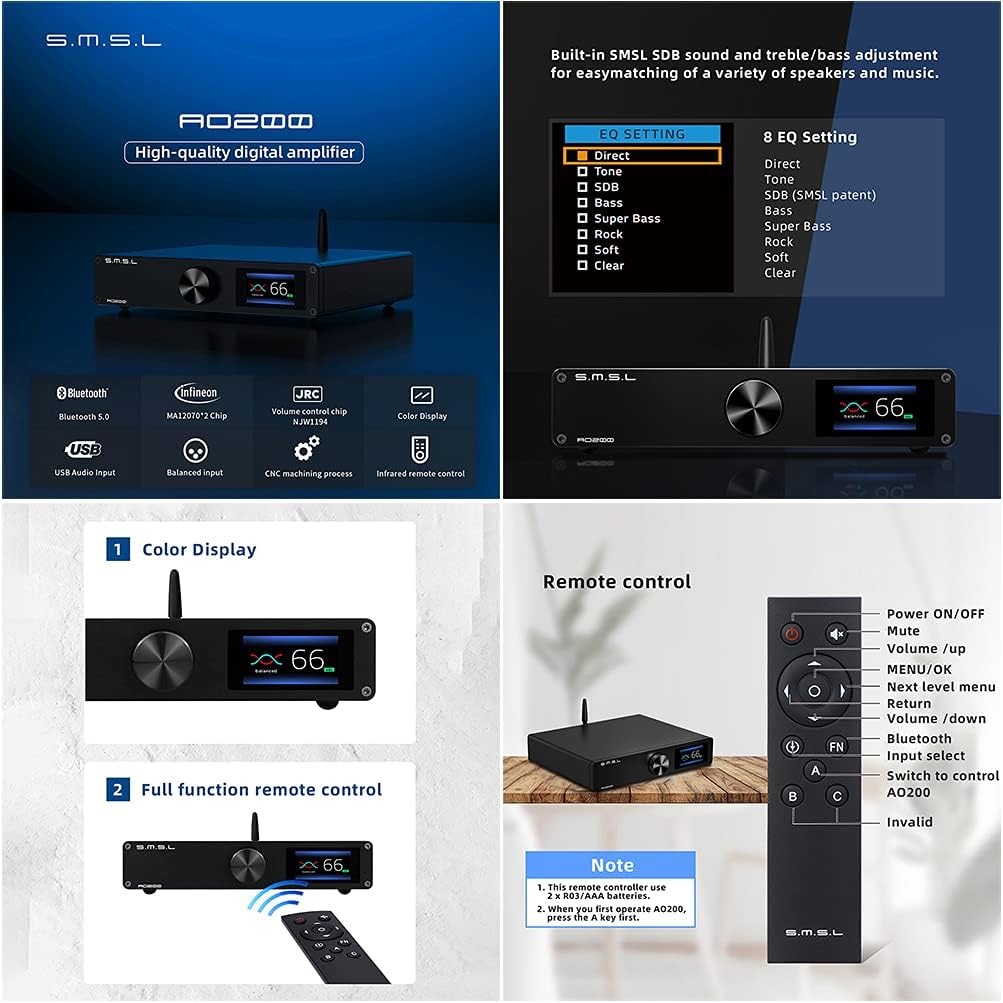 SMSL AO200 Digital Power Amplifier Bluetooth 5.0 MA12070×2 Chip 150W×150W USB/BT/XLR/RCA Input 2 Channel HiFi Desktop Amp with Remote Control for Subwoofer/Passive Speaker