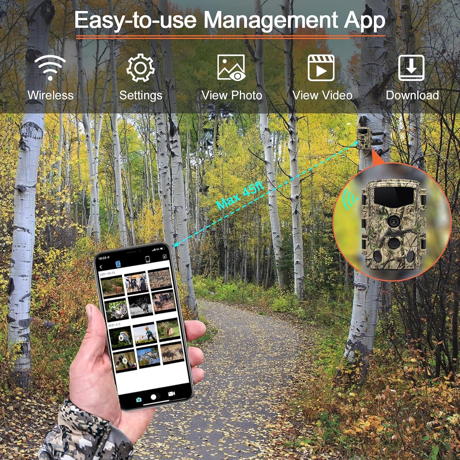JOH 4K 32MP Trail Camera, WiFi Bluetooth Hunting Game Camera with Low Glow Night Vision, 0.2s Trigger Motion Activated, IP66 Waterproof Deer Camera for Outdoor Wildlife Scouting, Monitoring, Security