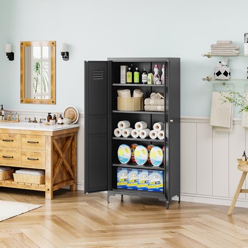 Kitchen Pantry Storage Cabinet with Adjustable Shelves Metal Cupboard Storage Cabinet with Adjustable Feet Pantry Cabinet for Kitchen, Living Room Dinning Room Bathroom. (Black, 61 inch)