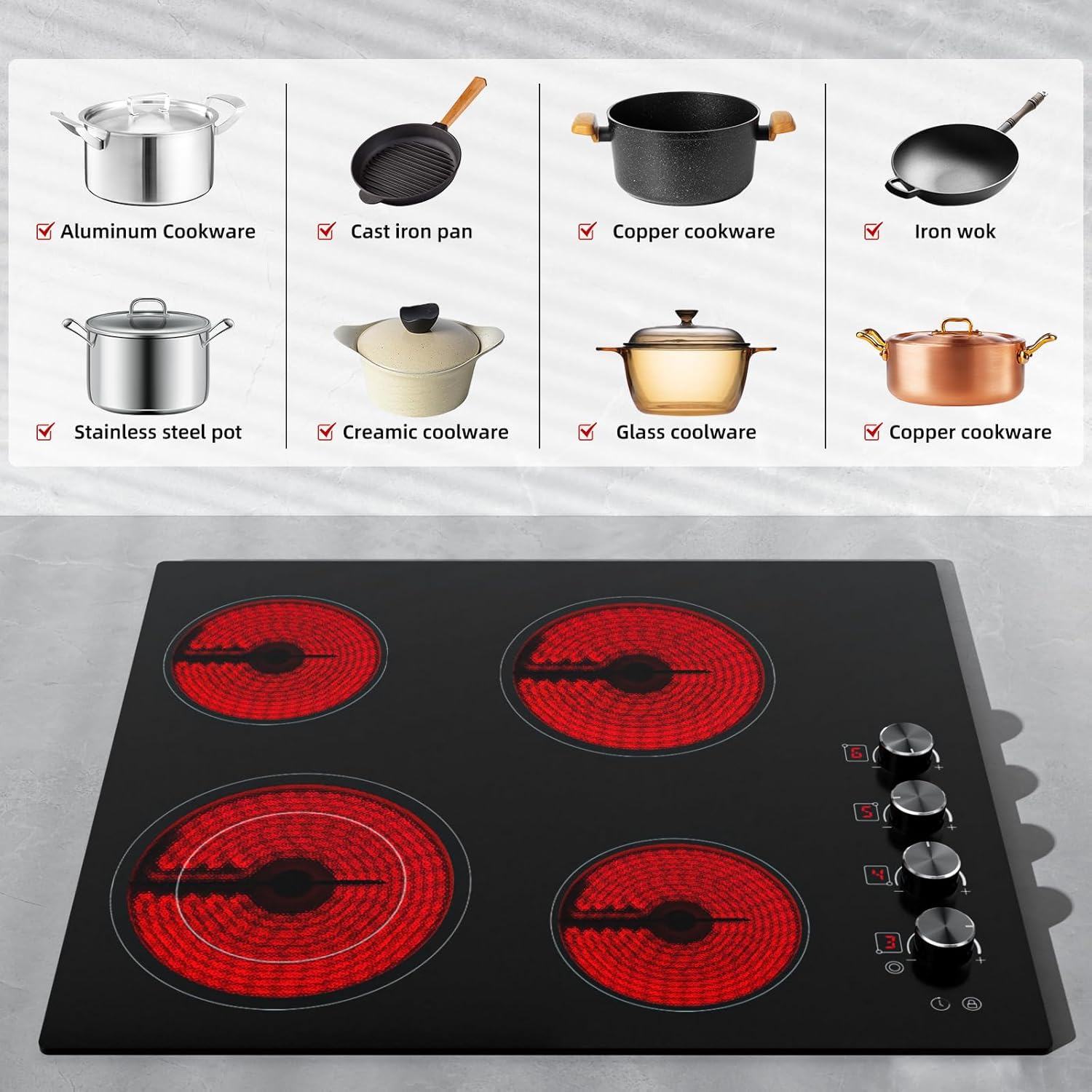 Electric Cooktop 24 inch Ceramic Stove 4 Burners Built-in Electric Stove 220-240V Electric Ceramic cooktop in Black, Control by Knob/Child Lock/9 Power Levels/Timer