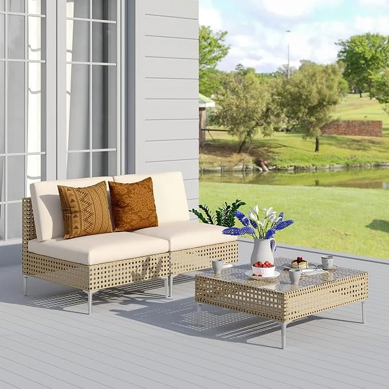 Grand Patio 7-Piece Wicker Patio Furniture Set, All-Weather Outdoor Conversation Set Sectional Sofa with Water Resistant Beige Thick Cushions and Coffee Table