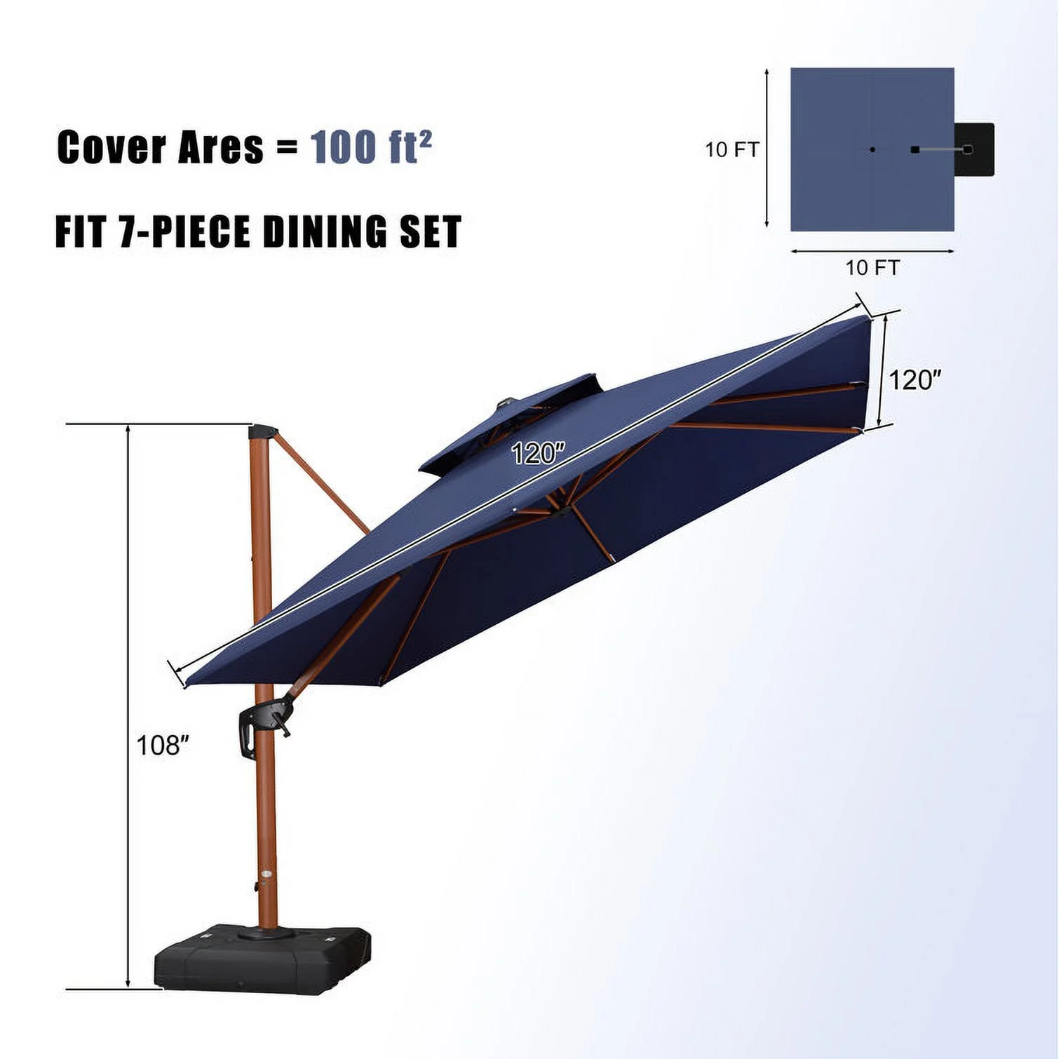PURPLE LEAF 10ft Patio Umbrella Outdoor Square Umbrella Large Cantilever Umbrella Windproof Offset Umbrella Heavy Duty Sun Umbrella for Garden Deck Pool Patio, Navy Blue