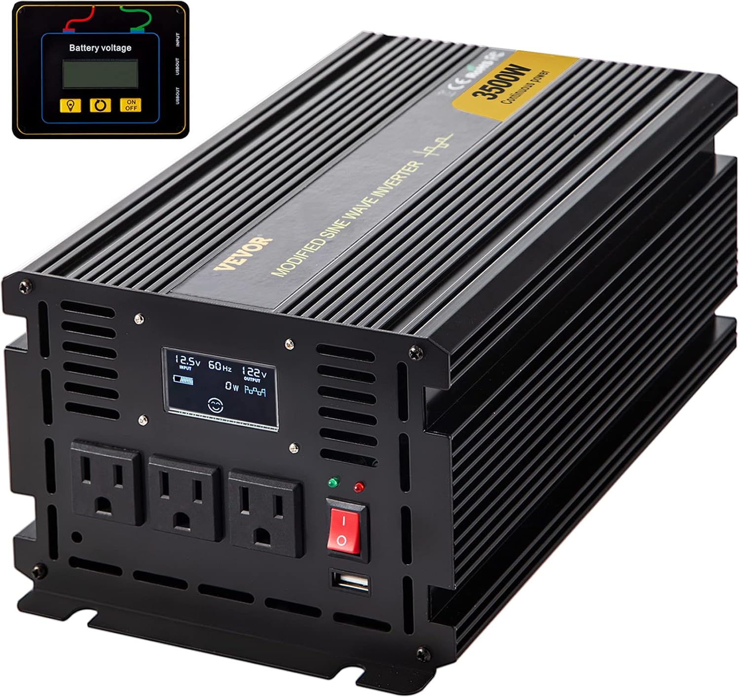 VEVOR Power Inverter, 3500W Modified Sine Wave Inverter, DC 12V to AC 120V Car Converter, with LCD Display, Remote Controller, LED Indicator, AC Outlets Inverter for Truck RV Car Boat Travel Camping