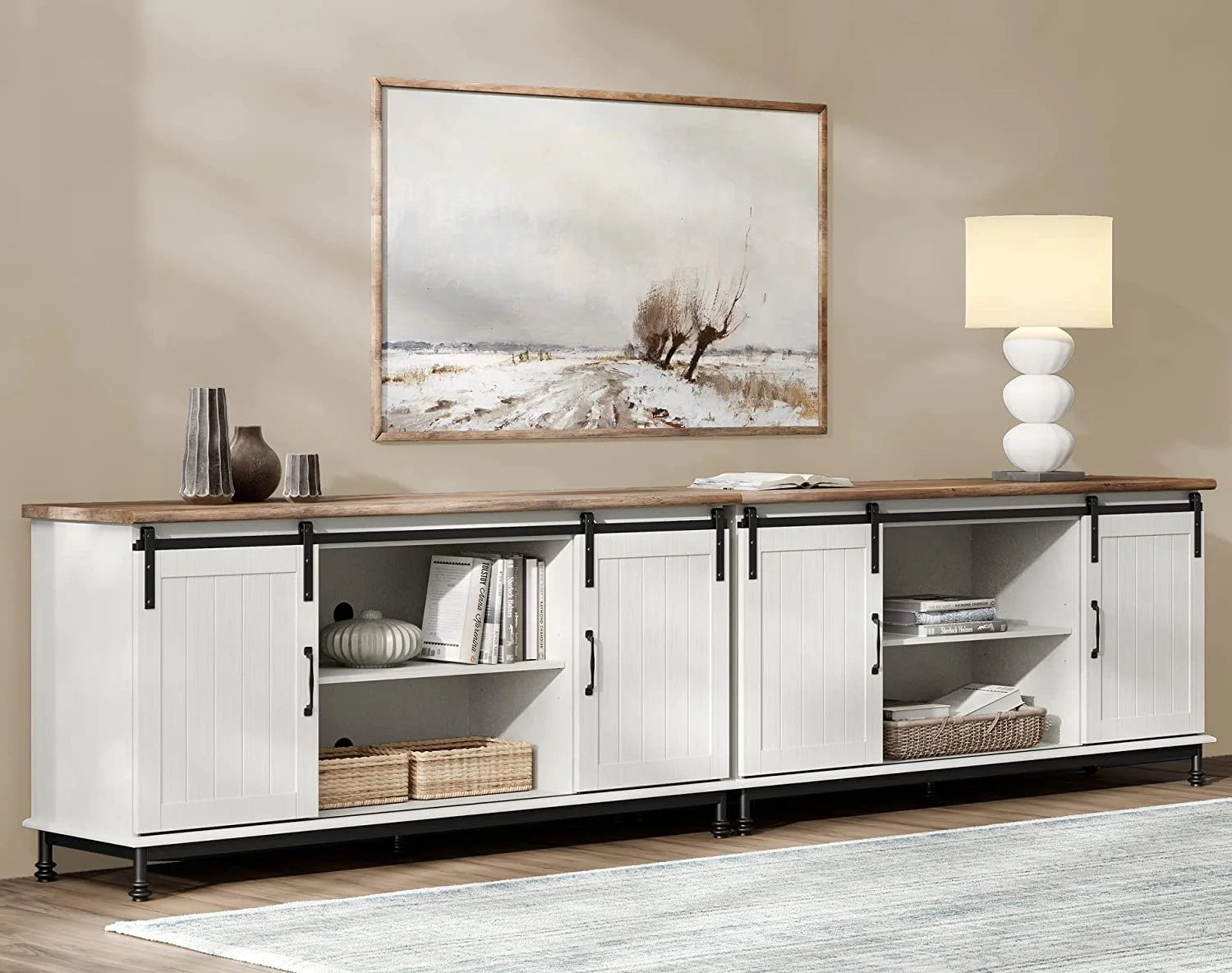 WAMPAT Farmhouse TV Stand for Up to 110 Inch TV, Sliding Barn Door Wood Entertainment Center with Media Console Storage Cabinet & Adjustable Shelves for Living Room, 116'', White
