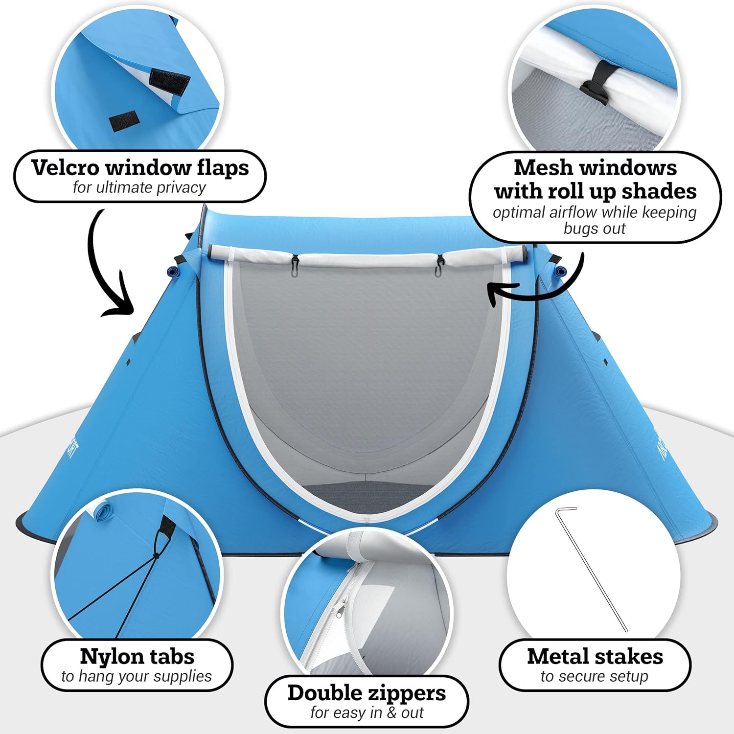 Pop-up Tent and Automatic Instant Portable Cabana Beach, Camping Tent Pop Up Shade Tent - Suitable for 2 People - 2 Doors - Water-Resistant, UV Protection Sun Shelter with Carrying Bag (Sky Blue)