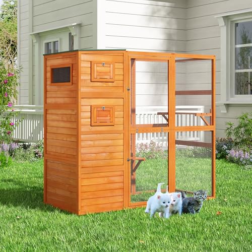 COZIWOW Large Wood Cat Catio, Outdoor Enclosure with Weatherproof Roof, 2 Resting Rooms, 2 Platforms, 4-Tier Cat Playpen, Orange