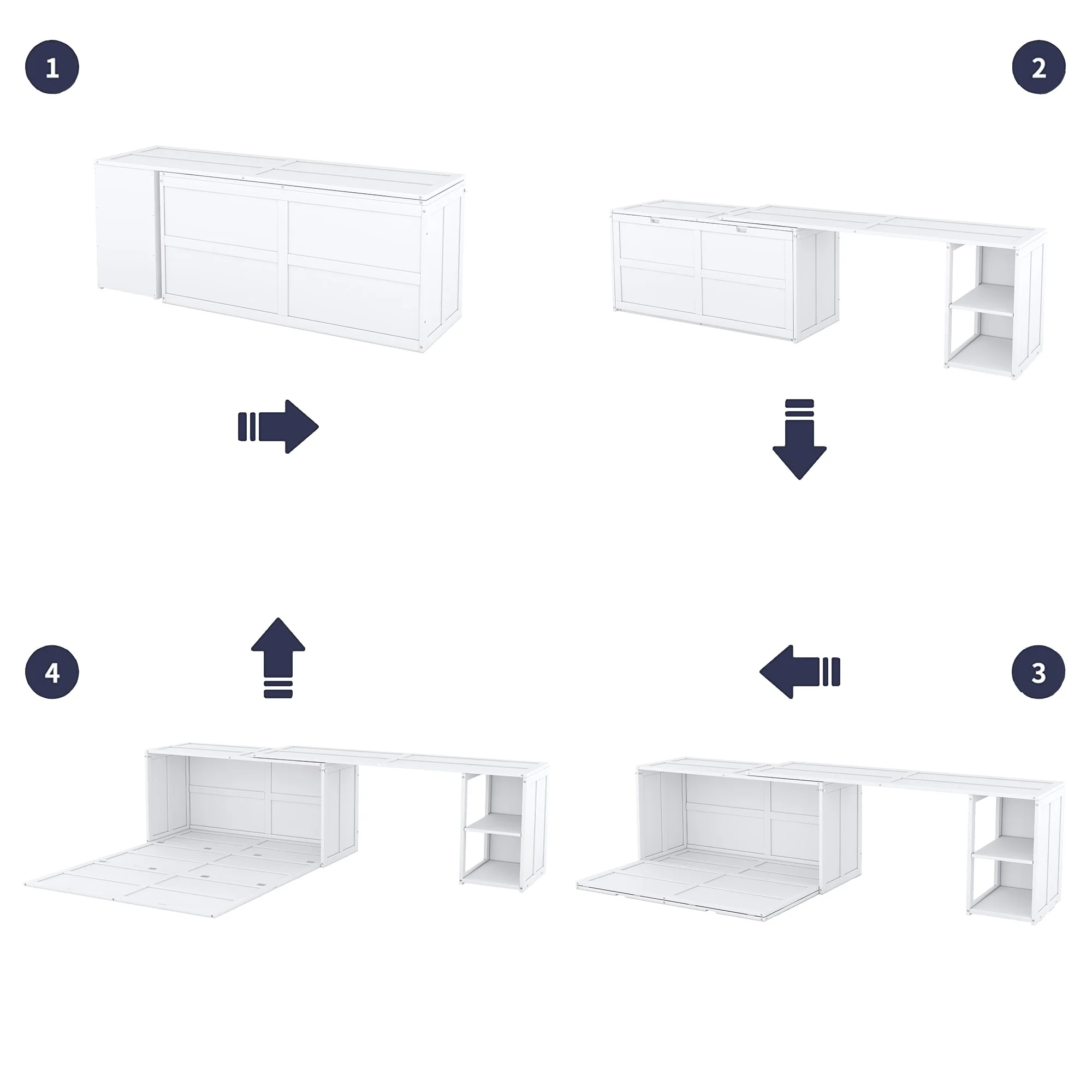 Queen Size Murphy Bed with Rotable Desk & 2 Storage Shelves, Space-Saving Design Solid Pine Wood Floor Bed Frame, White