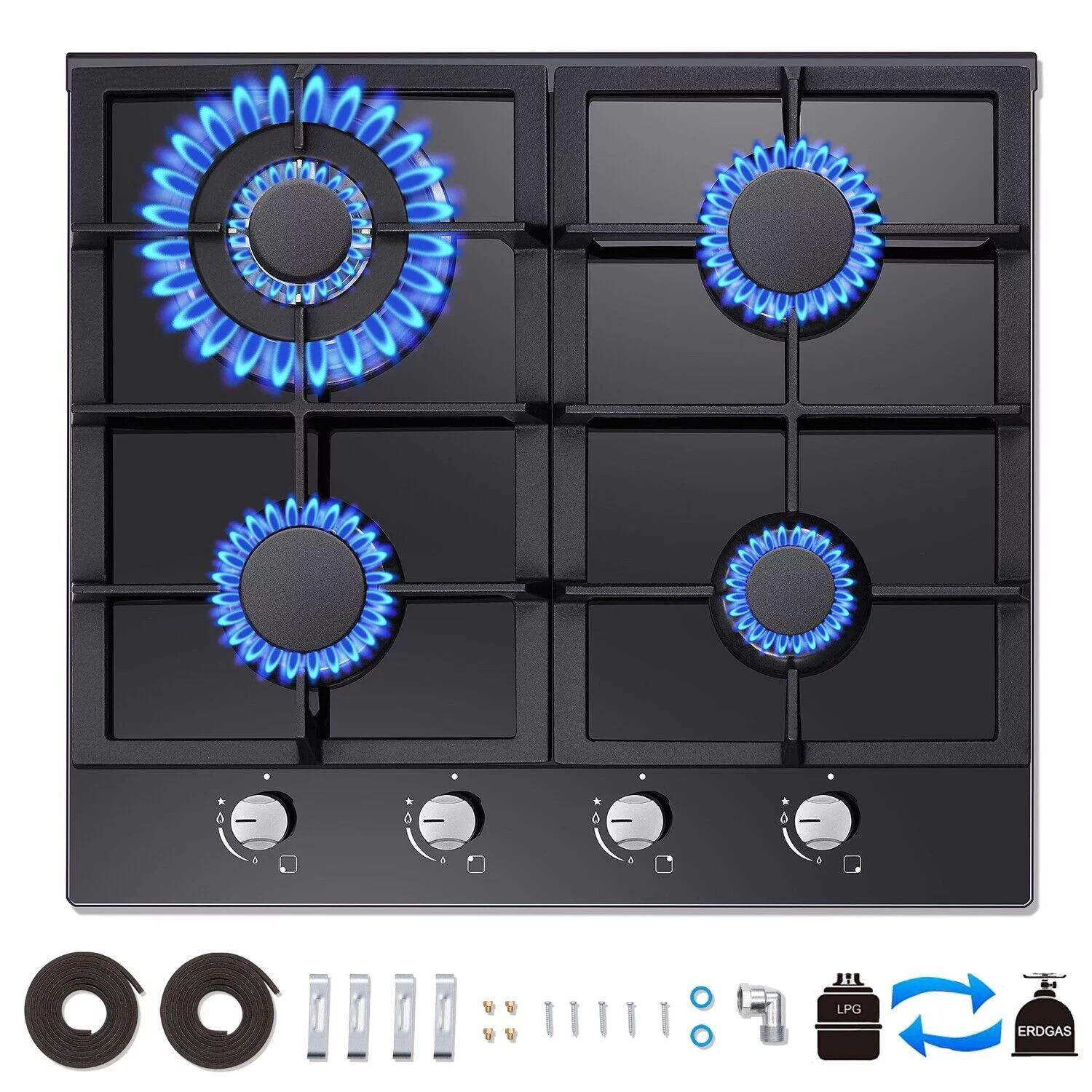 24 inch Built-in Gas Cooktop 4 Burners with Tempered Glass Dual Burners NG/LPG Convertible Countertop