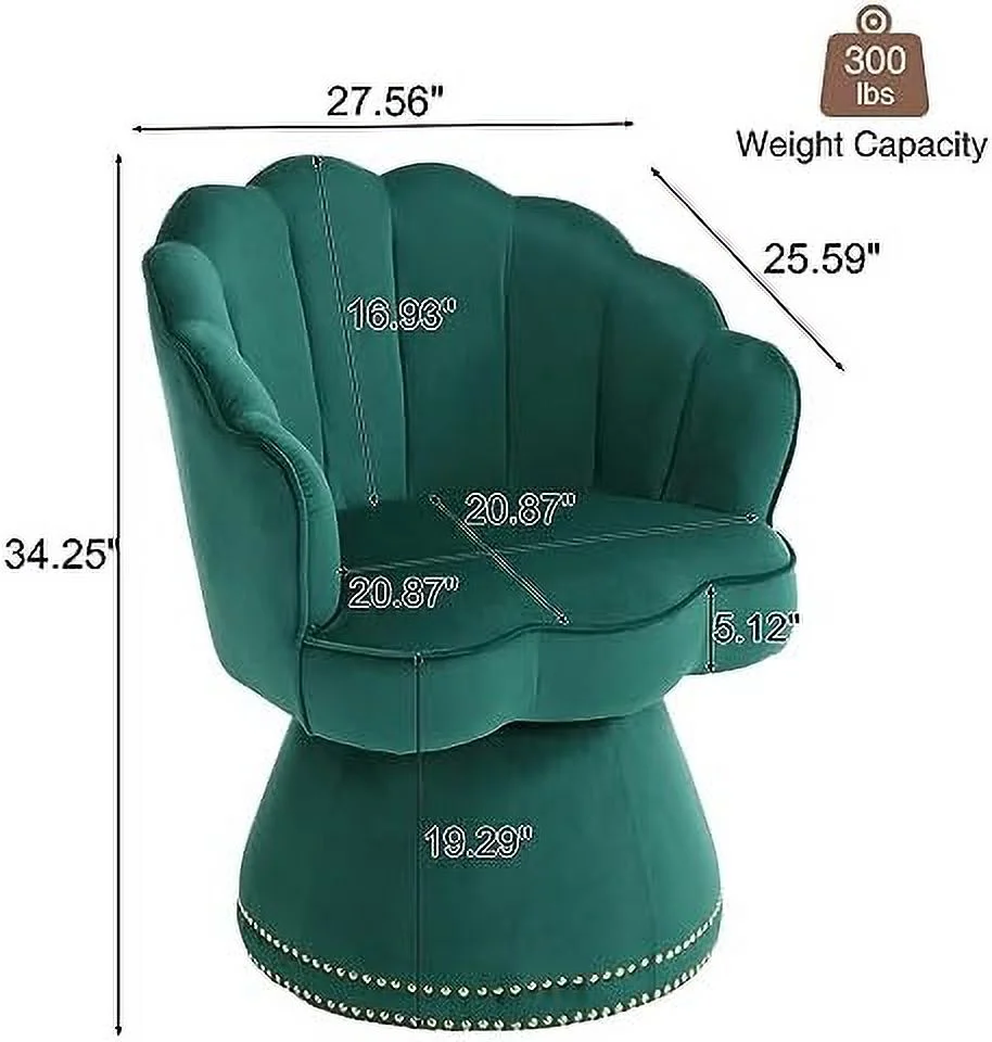 YZboomLife Swivel Accent Chair  Modern Velvet Upholstered -Degree Swivel Barrel Armchair  Small Lounge Arm Chair with Scalloped  for Living Room Bedroom  Emerald Green