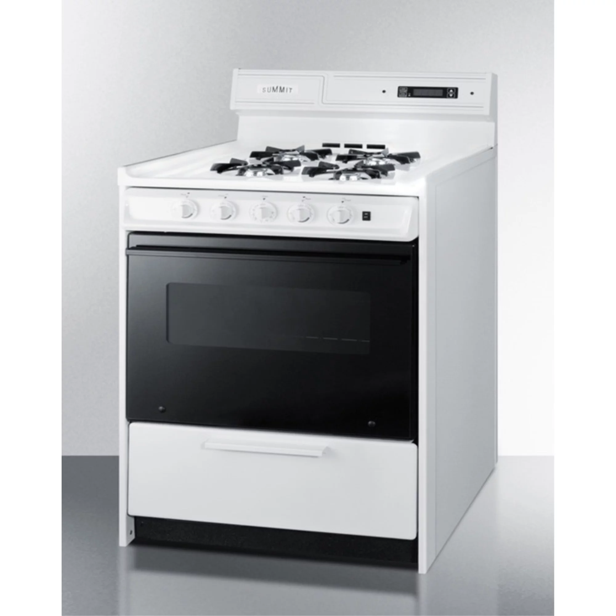 30" wide gas range in white with open burners, black door, oven window, high backguard, and spark ignition
