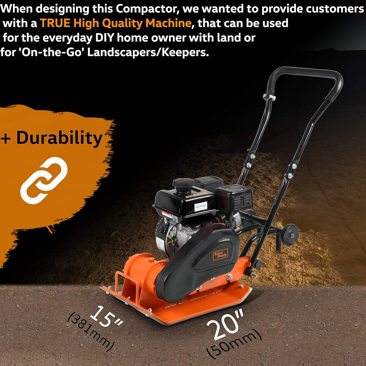 SuperHandy Plate Compactor Rammer 7 HP Gas Engine 4200-Pounds of Compaction Force Rammer Jumping Jack Tamper 20 × 15 Inch Plate for Paving Landscapes Sidewalks Patios EPA/CARB Compliant