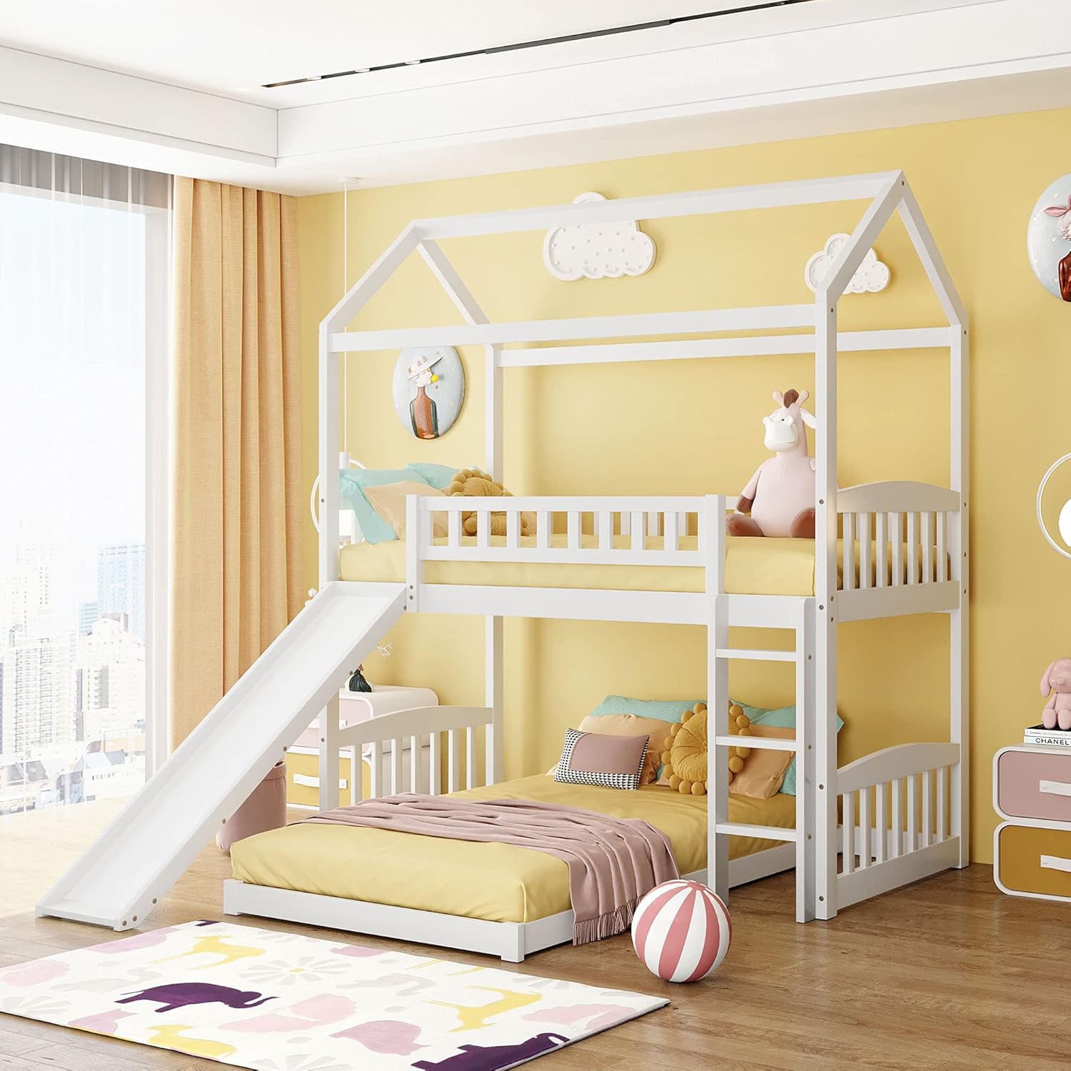 KLMM Twin Over Twin Metal Bunk Bed with Slide and Integrated Ladder, Housebed Bunk Bed for Kids Toddlers, Can be Decorated with Mosquito nets (Black with Black Slide)