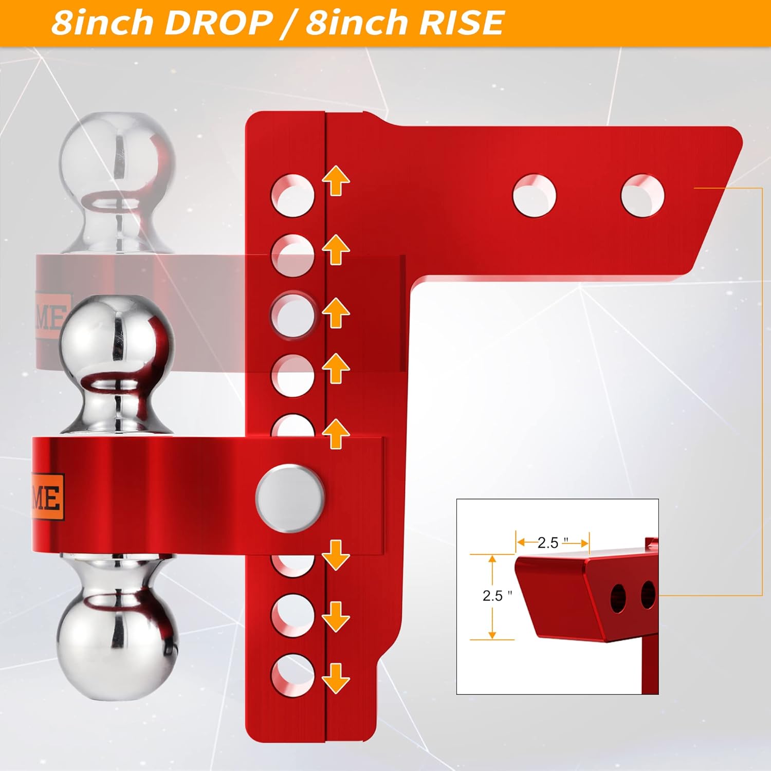 LOCAME Adjustable Trailer Hitch, Fits 2.5-Inch Receiver, 8-Inch Drop/Rise Aluminum Drop Hitch ,18,500 LBS GTW--Tow Hitch for Heavy Duty Truck with Double Stainless Steel Locks, Red, LC0015