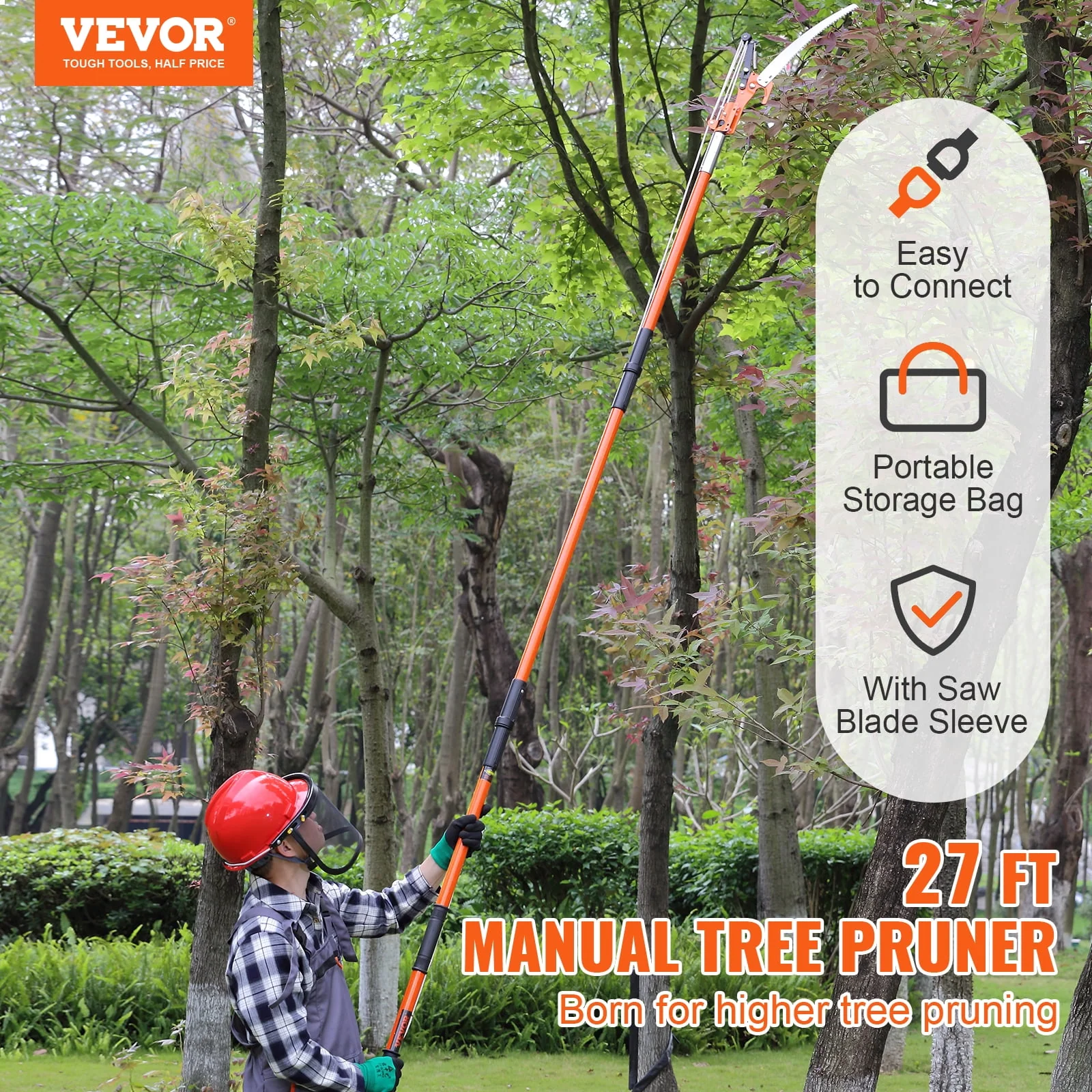 BENTISM Manual Pole Saw Extendable Tree Pruner 7.3-27ft Fiberglass Pole Hook Knife
