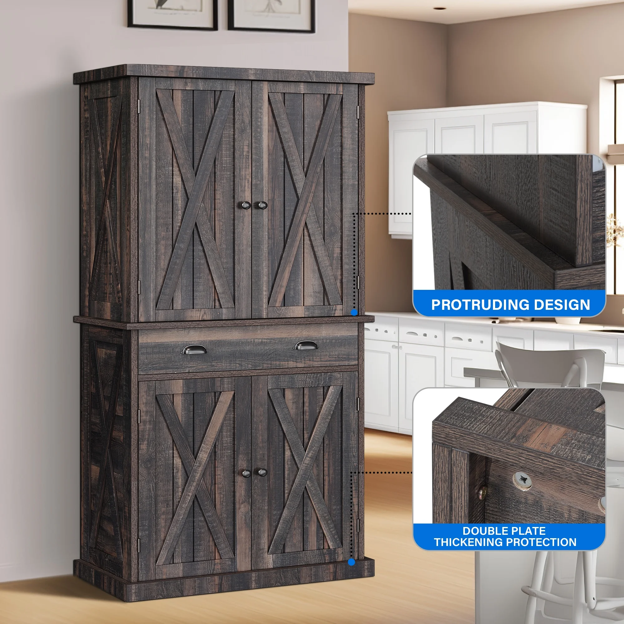 Dextrus 72" Kitchen Pantry Storage Cabinet, Large Drawer Farmhouse Storage Cabinet with 4 Doors, 6-Tier Freestanding Buffet Cupboards for Dining Room Living Room, Rustic Oak
