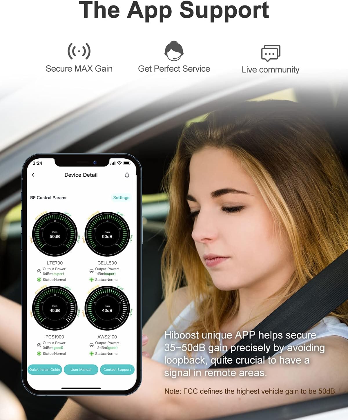 HiBoost Vehicle Cell Phone Signal Booster for Car, SUV, Van. APP fine Tune MAX gain. Car Cell Phone Booster for All U.S. Carriers-Verizon AT&T T-Mobile Sprint & More, FCC Approved