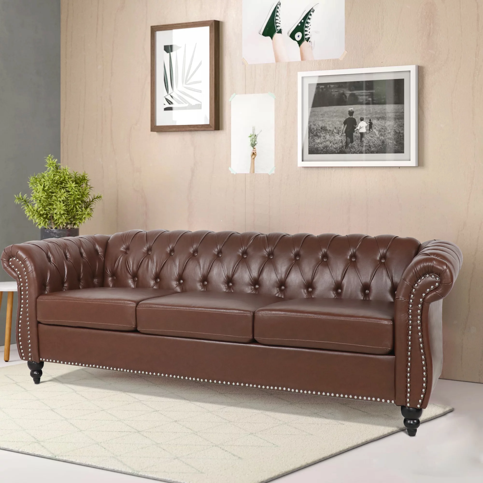 Yocwo 84" Faux Leather Sofa Couch,3 Seater Chesterfield Sofa,Upholstered Rolled Arms Sofa with Nailhead Trim for Living Room, Brown