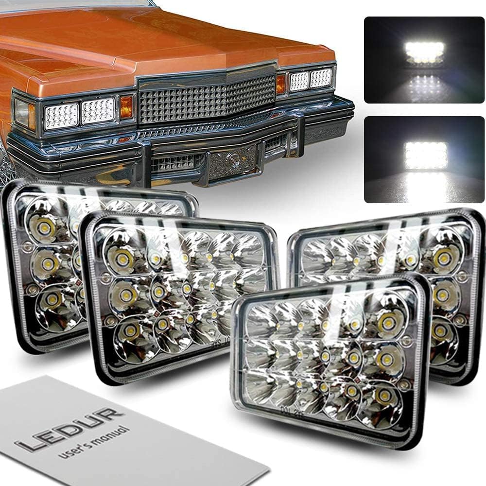 LEDUR 4x6 Inch LED Headlights Dot Approved High Low Sealed Beam Rectangular 4PCS 45W High/Low Beam Universal for H4651 H4652 H4656 H4666 H4668 H6545 H4642 Kenworth T800 T400 T600 Pack of 2