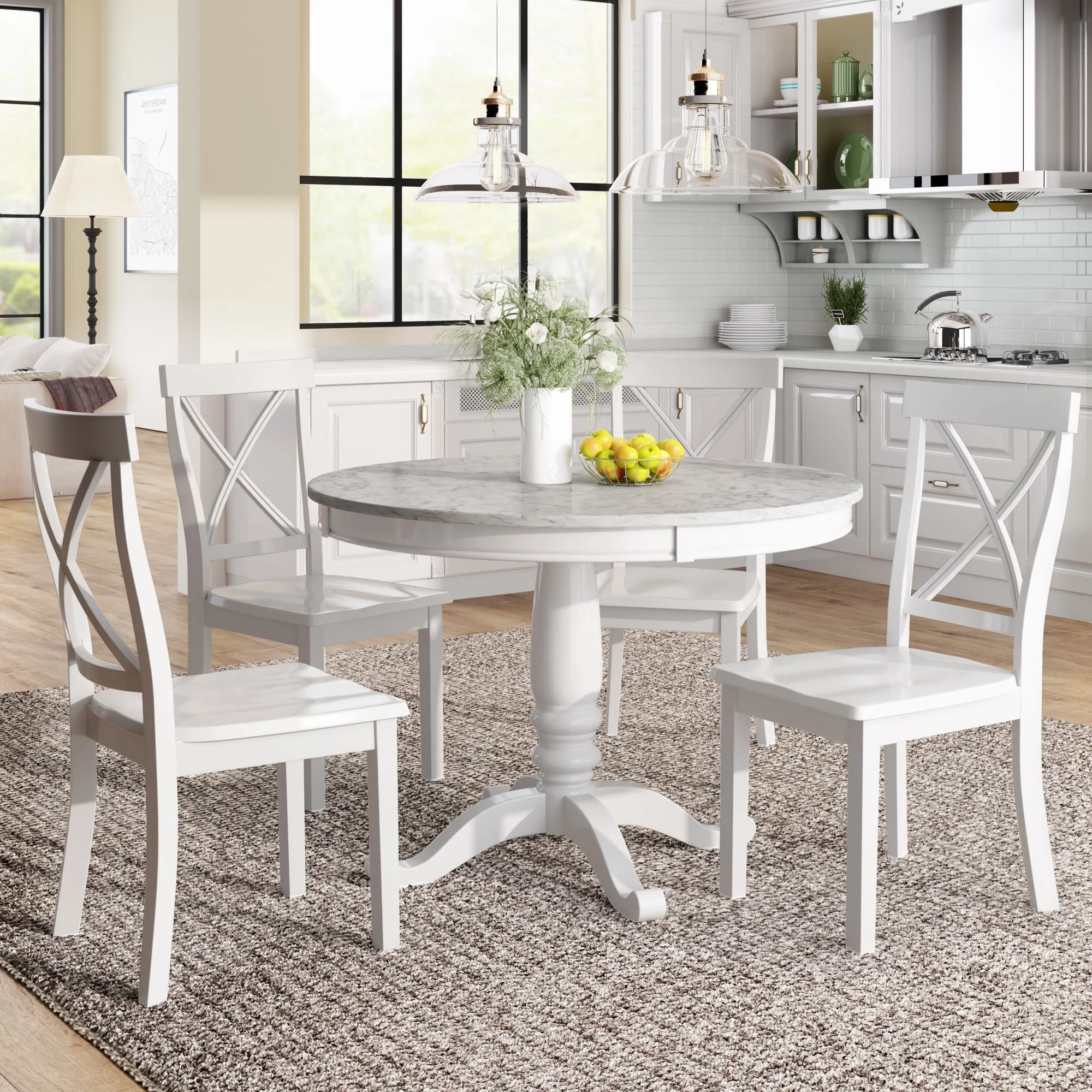 5-Piece Dining Table Set - Solid Wood Kitchen Table with Faux Marble Top & 4 Chairs - Contemporary Design, Easy Assembly White