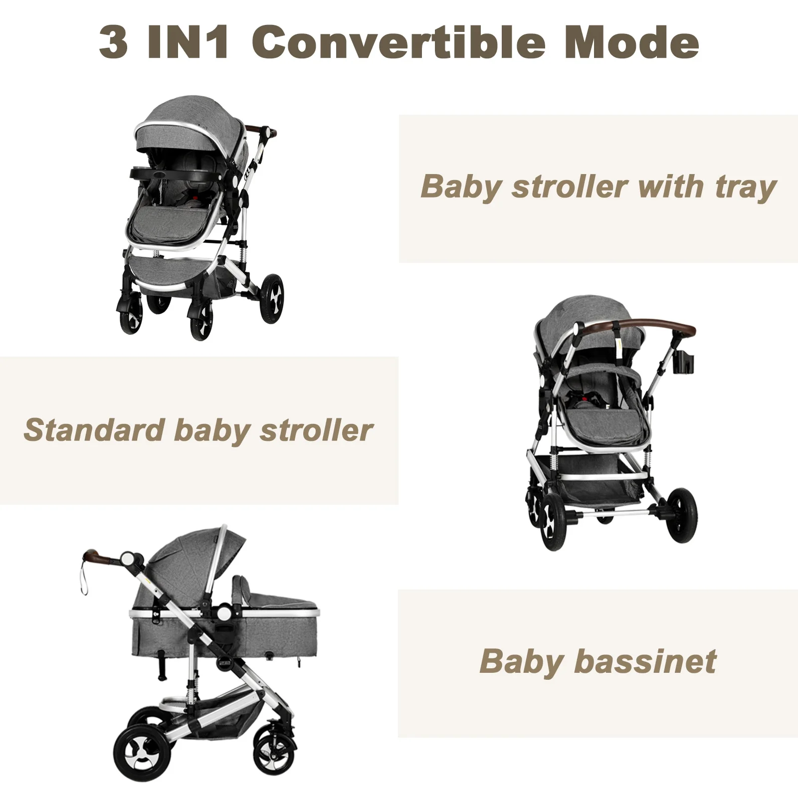 AILEEKISS 3 in 1 Baby Stroller Reversible Newborn Bassinet Stroller & Unisex Infant Carriage, Grey