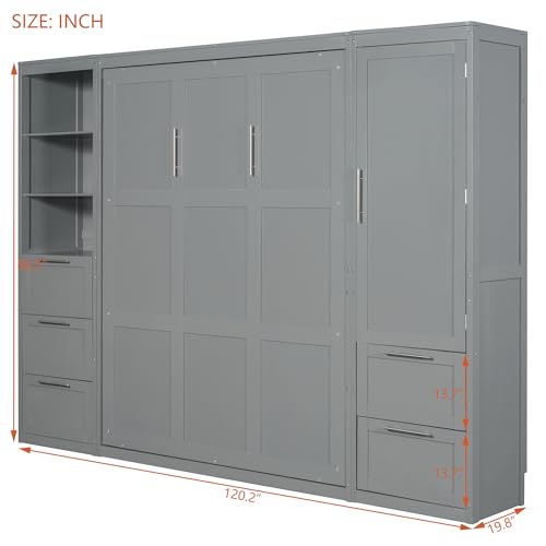 Merax Murphy Bed Queen Size, Built-in Shelves, Storage Drawers and Wardrobe, Wood Folding Wall Bedframe for Guest Room, Home Office, Grey