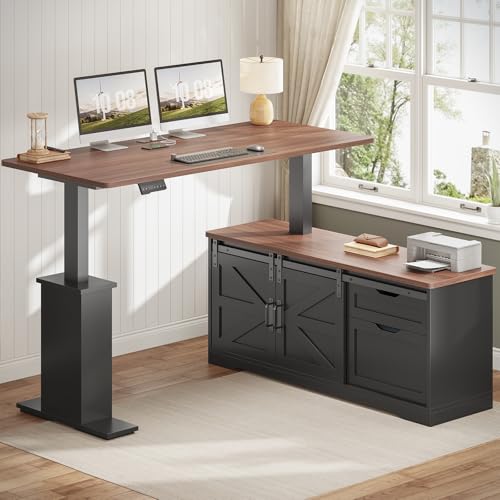 SEDETA Farmhouse L Shaped Standing Desk, 55 inch Height Adjustable Corner Desk with Storage Drawers, Standing Computer Desks with Power Outlets for Home Office, Black