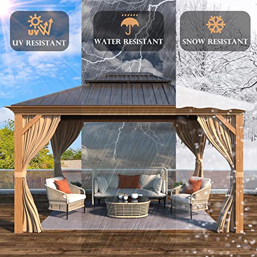 YOLENY 10' x 12' Hardtop Gazebo, Wood-Looking Gazebo with Galvanized Steel Double Roof, Aluminum Frame, Permanent Metal Pavilion with Netting and Curtains for Deck, Backyard, Patio and Lawns