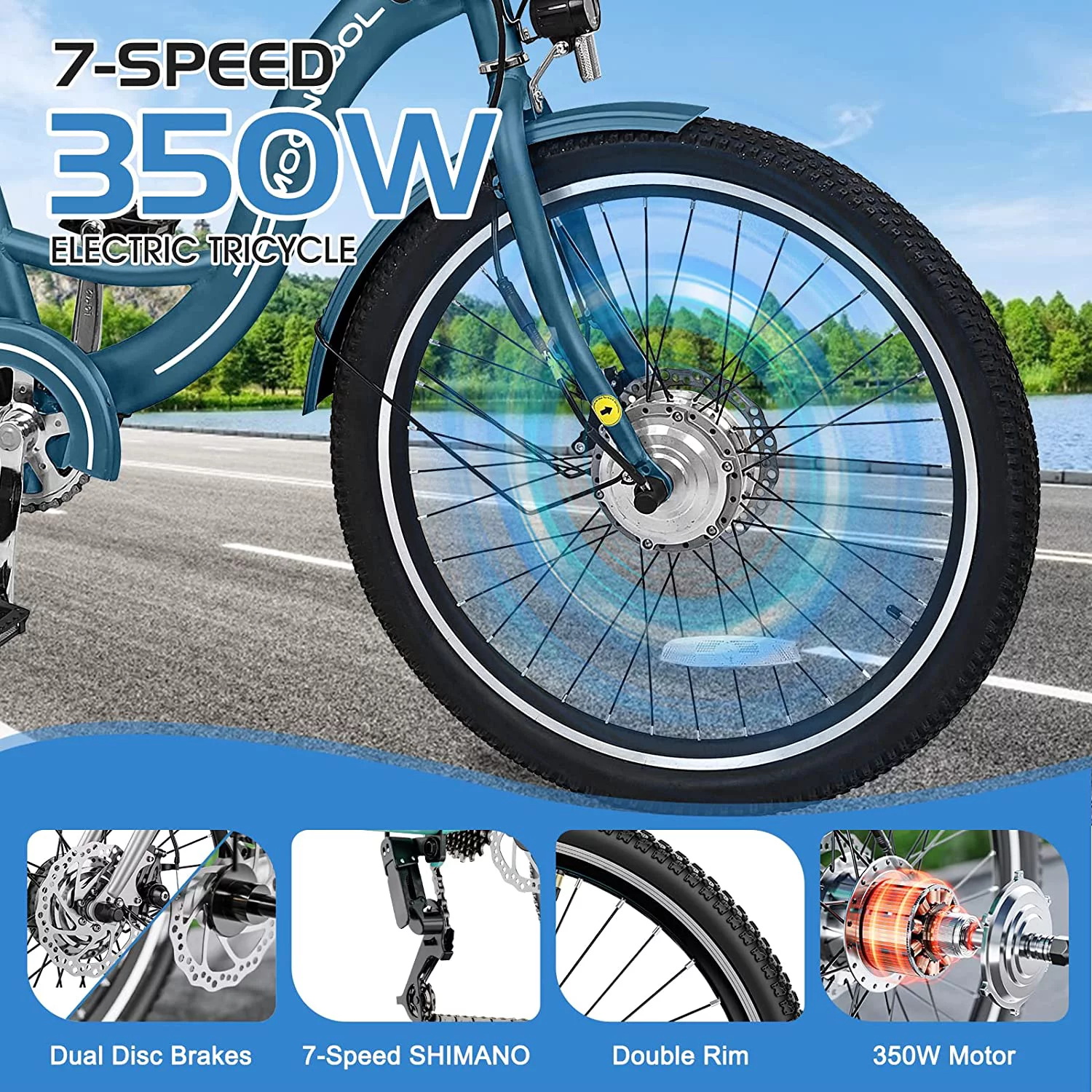 MOONCOOL Electric Tricycle, 350W 36V 24 Inches 7 Speeds 3 Wheels Electric Bikes for Adults, Motorized Electric Trike Three Wheel Electric Bicycle