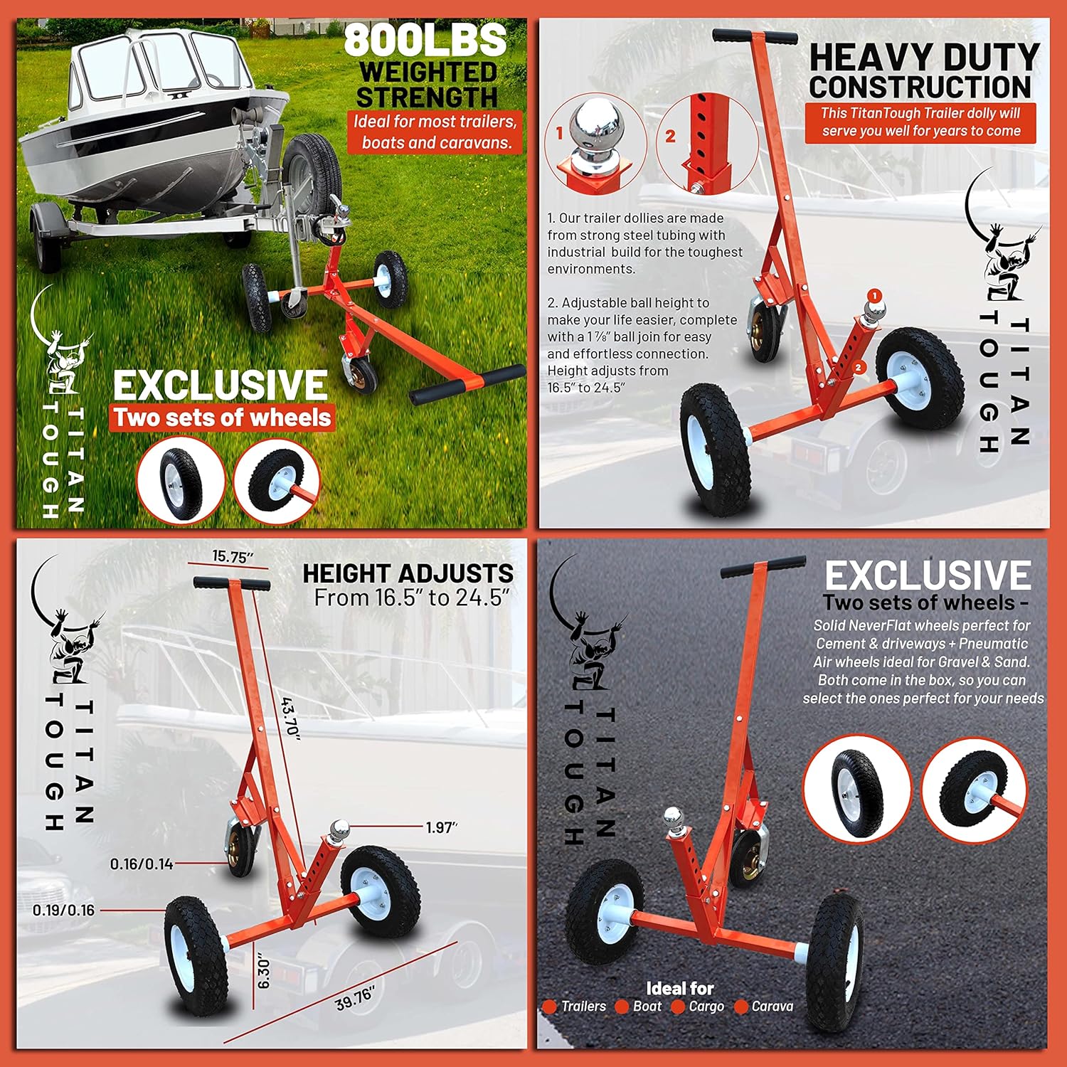 Titan Tough Adjustable Trailer Dolly with Caster Tow Dolly Jetski Dolly Trailer Mover with 2 Inch Ball
