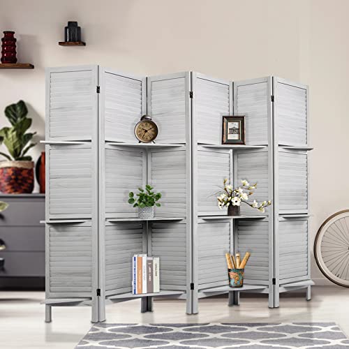Room Divider with Shelves, Privacy Screen, Room Dividers and Folding Privacy Screens, 5 Panel Wood Temporary Wall Partition Separation Separator, Coconut