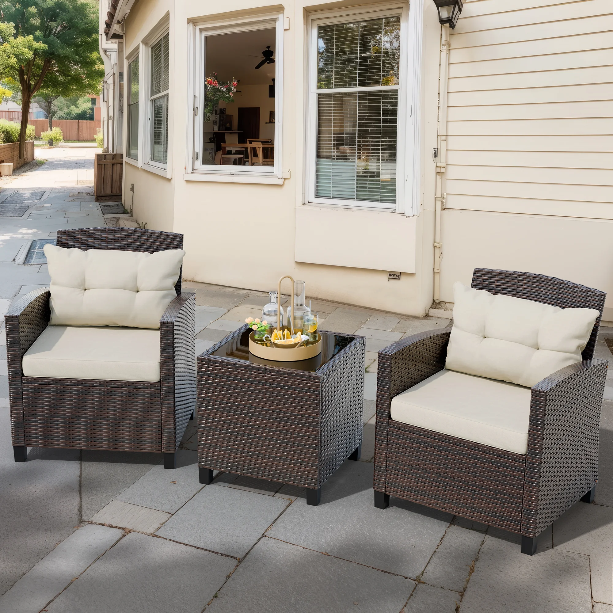 Walsunny 3 Pieces Patio Furniture Set Outdoor Wicker Conversation Bistro Set Outdoor Patio Chairs with Tempered Glass Table Beige
