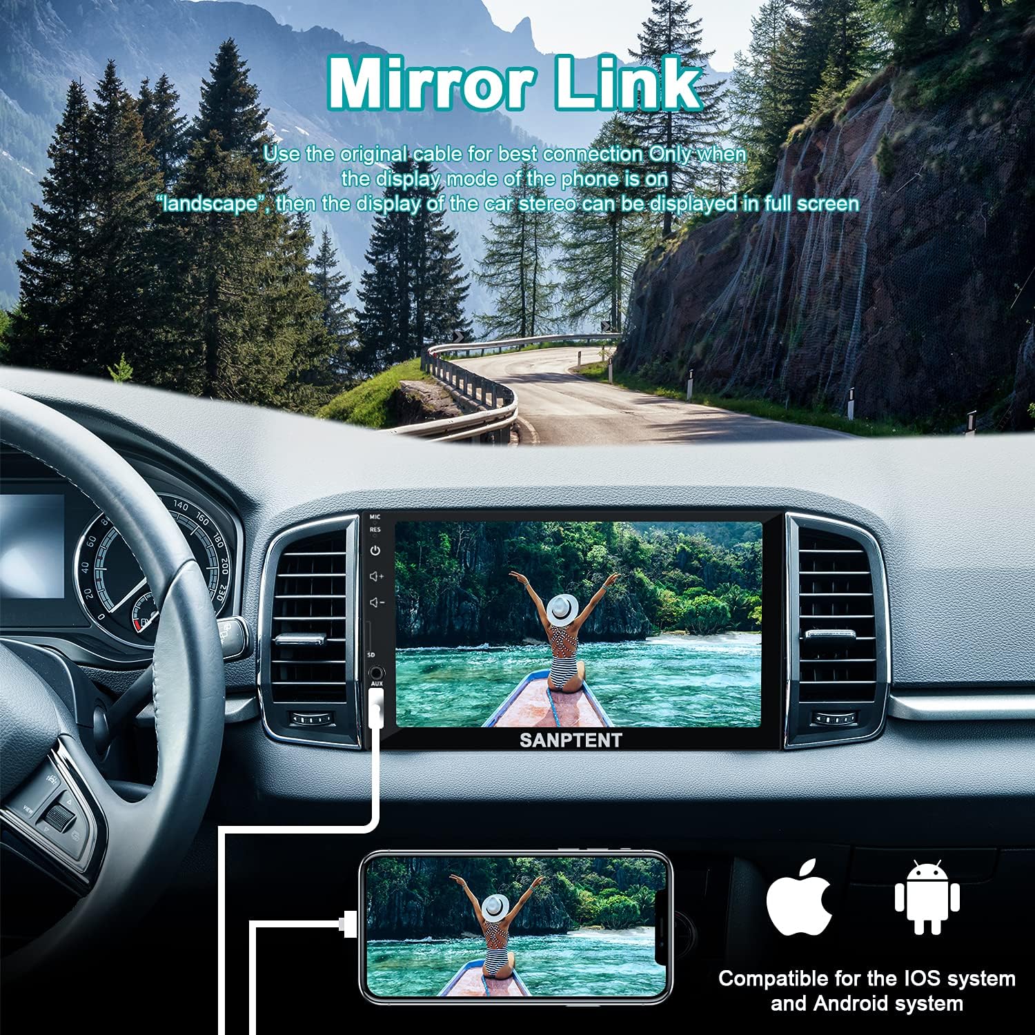 Double Din Car Stereo Radio Audio Receiver Compatible with Carplay, Android Auto, Mirror Link, 7 Inch Full Touchscreen Car Stereo, Front Backup Camera, Bluetooth, USB/TF/AUX Port, A/V Input, FM/AM