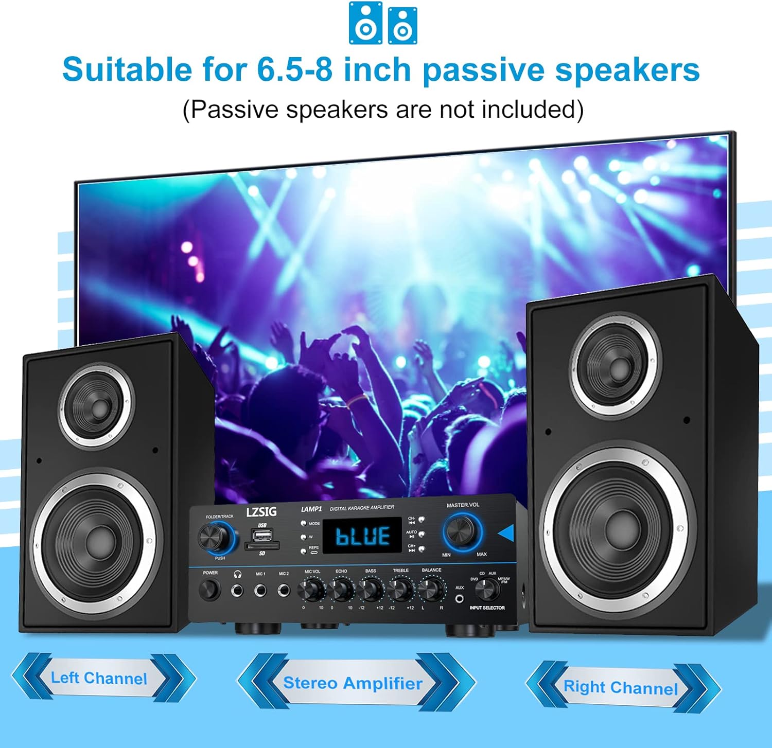 LZSIG Home Audio Receiver Amplifier Peak Power 110W x 2 Channel Stereo Karaoke Amplifier w/MP3, USB, SD, AUX, RCA, MIC Jack,Headphone Jack, FM, LED, Reverb Echo, for for Home/Studio/Bedroom - LAMP1