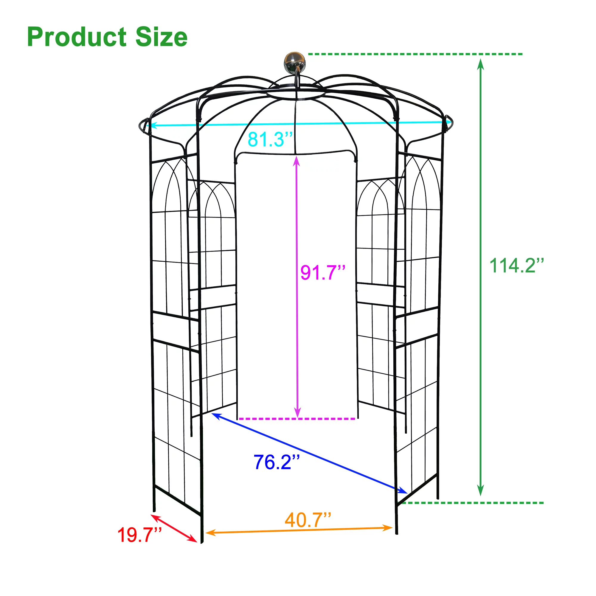 Metal Garden Arch, 81.3" Diameter x 114.2" High, Iron Birdcage-Shaped Garden Gazebo for Wedding Ceremony, Outdoor, Climbable Vine, Rose, Dark Rust Color, Black