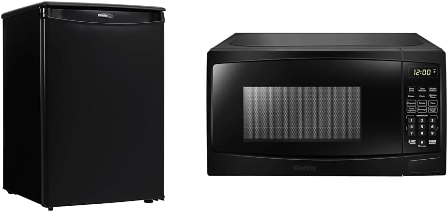 Danby DAR026A1BDD-6 2.6 Cu.Ft. Mini Fridge, Compact Refrigerator for Bedroom, Office, bar, countertop, E-Star Rated in Black & 0.7-cu. ft. Countertop Microwave, Black (DBMW0720BBB)