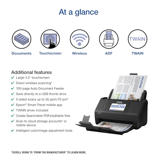 Epson Workforce ES-580W Wireless Color Duplex Desktop Document Scanner for PC and Mac with 100-sheet Auto Document Feeder (ADF) and Intuitive 4.3" Touchscreen
