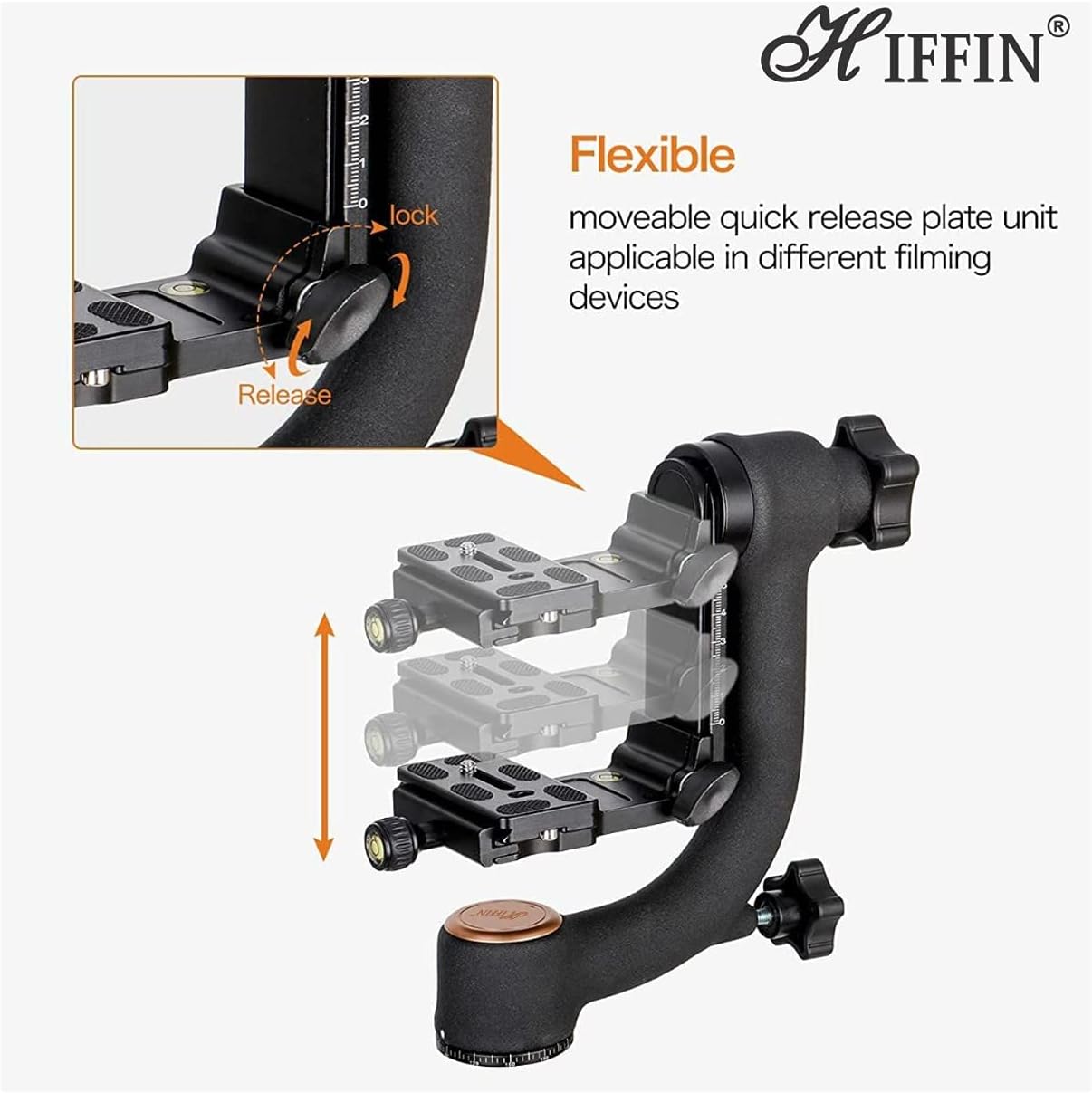 HIFFIN 360 Degree Gimble Tripod Head Panoramic Gimbal Tripod Head with Arca-Swiss Standard 1/4'' Quick Release Plate and Bubble Level for Digital