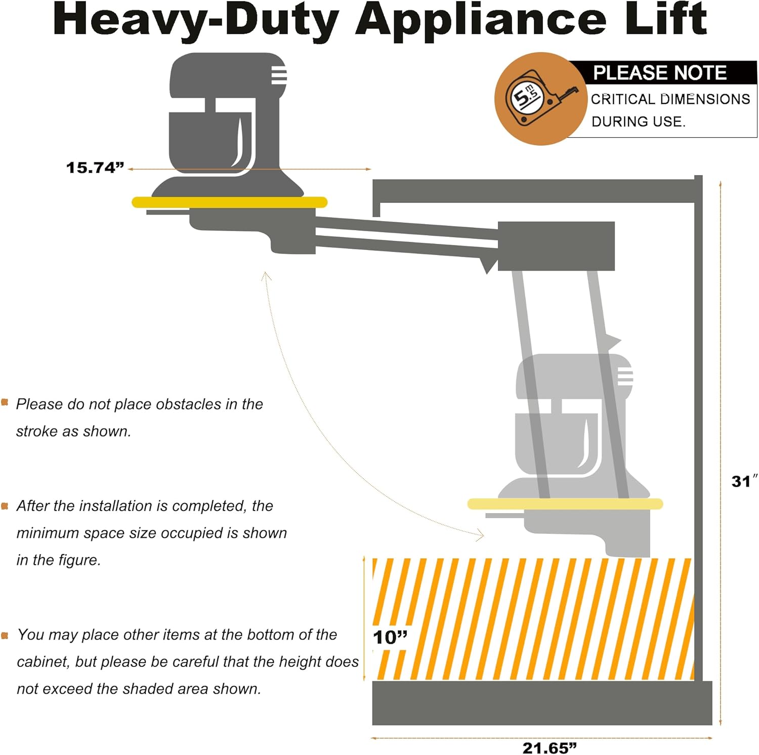 Mixer Lift for Cabinet Appliance Lift with Soft-Close Heavy-Duty for Kitchen Cabinet with Locking Mechanism, Holds Up to 60 LBS, for Small Kitchen Appliances, Zinc
