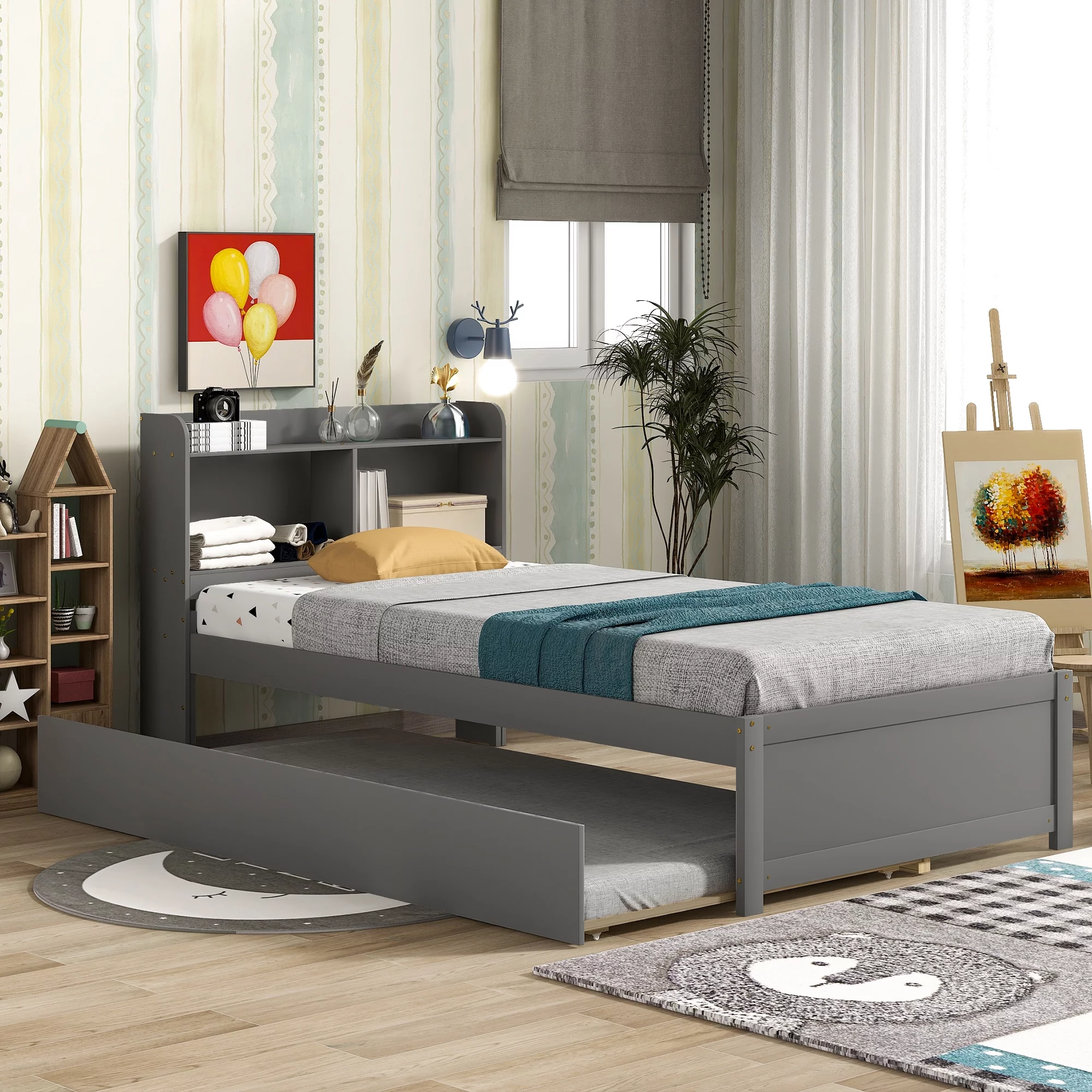 Twin Bed with Storage , Solid Wood Twin Size Bed Frame with 2 Bookcase Headboard , Twin Size Platform Bed with Trundle,Bookcase,Grey