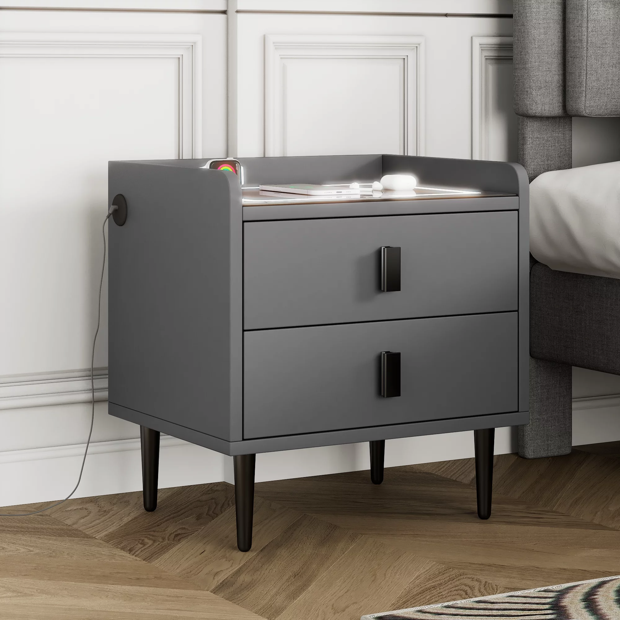iRerts Side Table with Wireless Charging Station, Wood Nightstand with Drawer, USB Charging Ports and Adjustable LED Lights, Modern Storage Bedside Table End Table for Bedroom Living Room, Gray