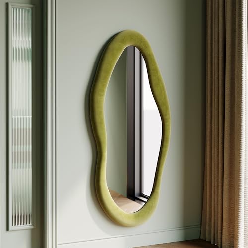Honyee Full Length Mirror, 63" x 24" Wall Mirror, Flannel Wrapped Wooden Frame Floor Mirror, Irregular Wavy Mirror Hanging or Leaning Against Wall for Cloakroom/Bedroom/Living Room, Milk Tea
