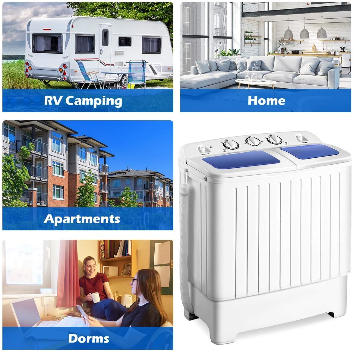 Casart Portable Mini Compact Twin Tub Washing Machine 17.6lbs Washer Spain Spinner Portable Washing Machine, Blue+ White