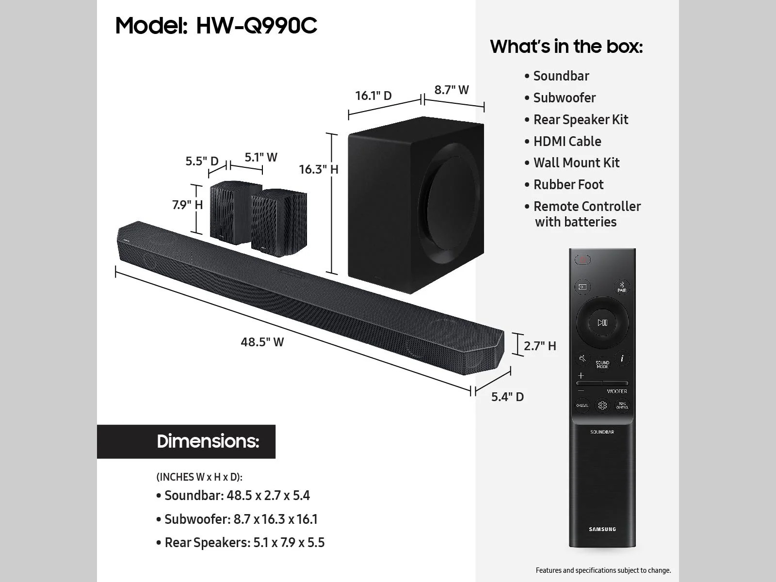 SAMSUNG Q-Series 11.1.4ch Wireless Dolby Atmos Soundbar + Rear Speakers w/ Q-Symphony HW-Q990C/ZA