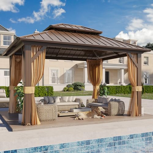 YOLENY 10' x 12' Hardtop Gazebo, Wood-Looking Gazebo with Galvanized Steel Double Roof, Aluminum Frame, Permanent Metal Pavilion with Netting and Curtains for Deck, Backyard, Patio and Lawns