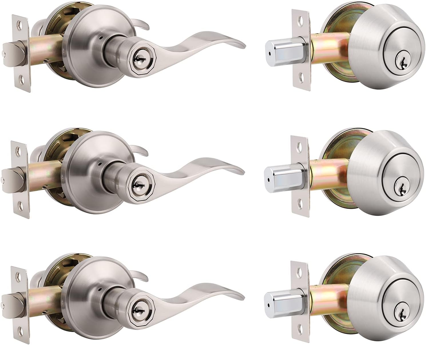 4 Pack Keyed Alike Front Door Entry Lever Lockset and Single Cylinder Deadbolt Combination Set, Wave Style Door Handle Set for Front Door or Office, Reversible for Right or Left Handed, Satin Nickel