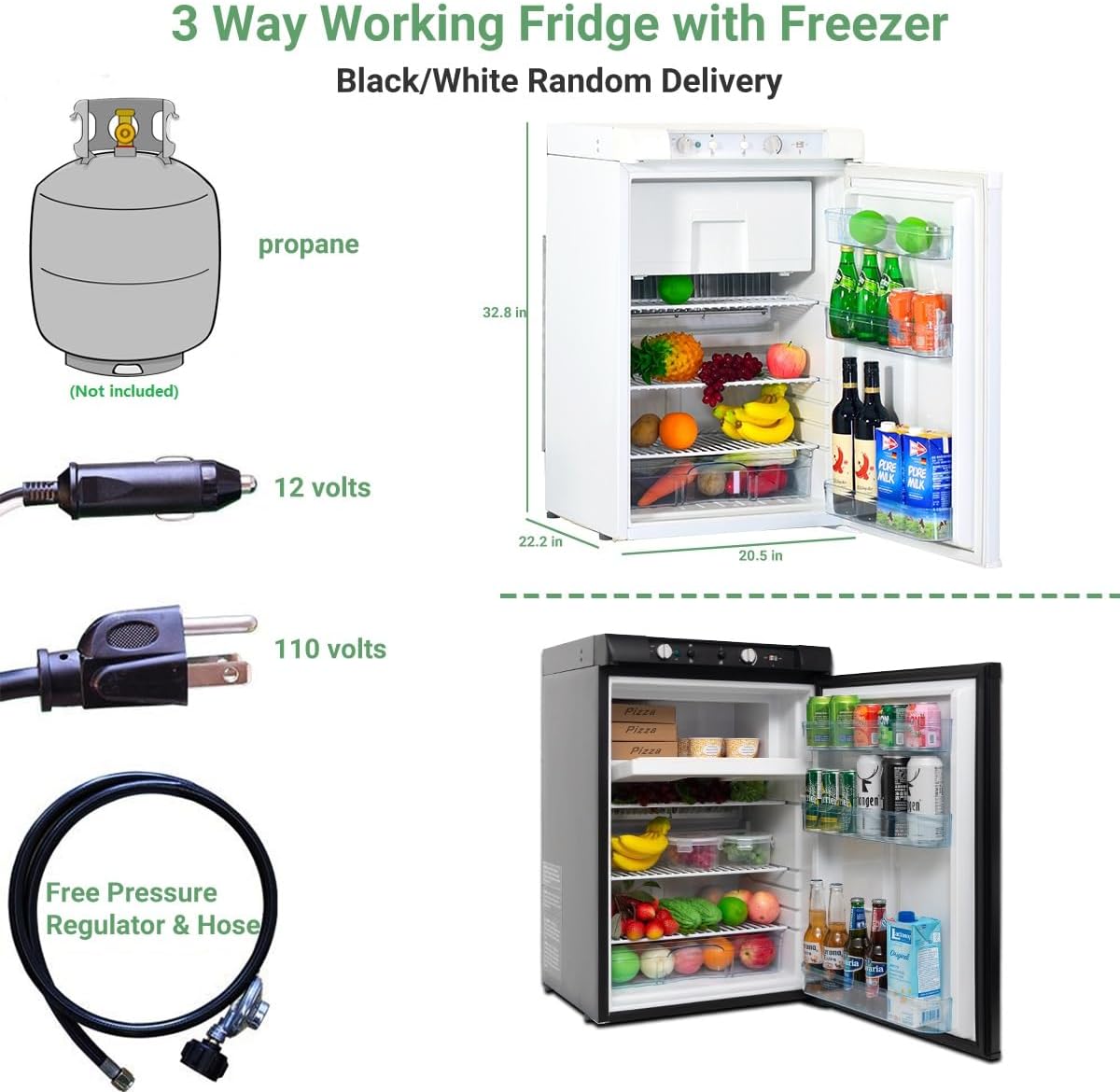 Smad 3.5 Cu.ft. Propane Fridge, 3 Way Gas/110V/12V Refrigerator with Freezer for RV Camper with Removable Shelves, White/Black