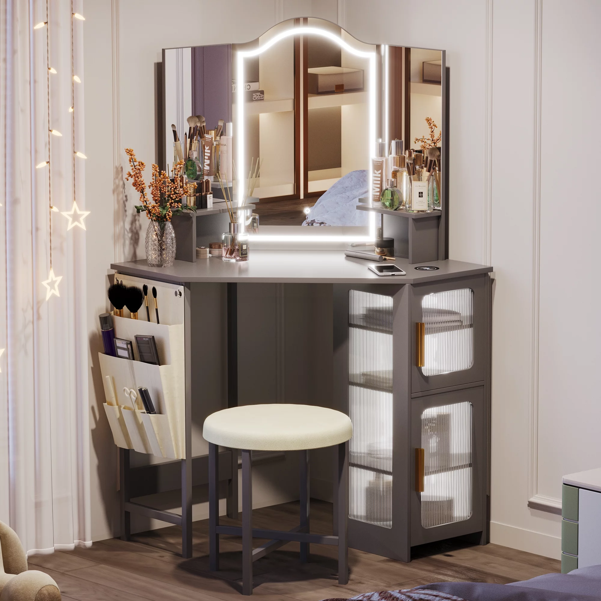 LVSOMT Makeup Vanity Desk with 3 Lighting Options, Dressing Table with Charging Station, Vanity Set with 4 Cabinets, Shelves and Stool, Corner Vanity for Women Girls, White