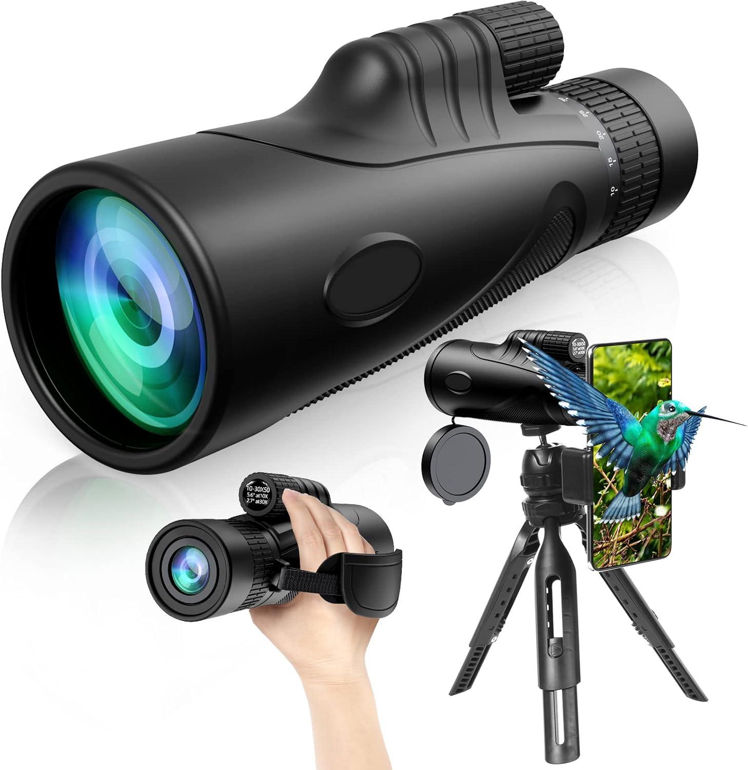 10-30X50 Monocular Telescope, with Smartphone Adapter and Tripod High Power HD Monoculars BAK4 Prism Low Light Night Vision Monoculars for Bird Watching Hunting Concert Camping