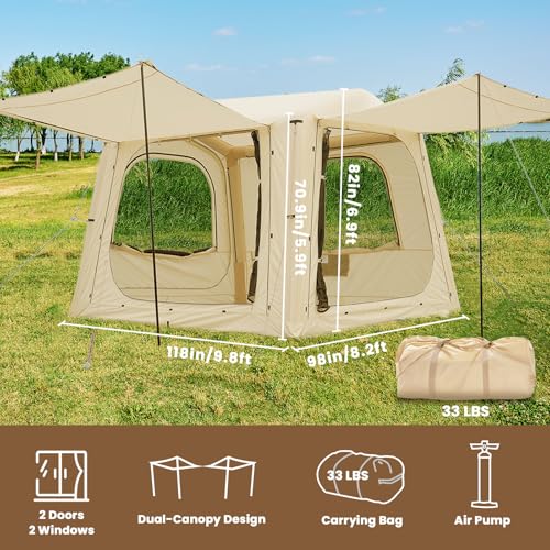 Inflatable Tents for Camping, Blow Up Tent with Hand Pump, Easy Setup Inflatable Hot Tent with Stove Jack, Waterproof Oxford Air Glamping Tents for Camping Adult 4-6 Person